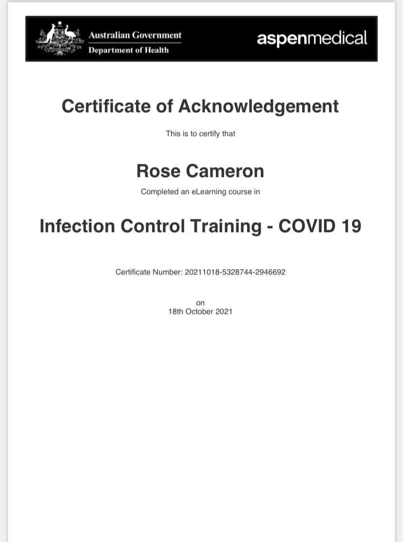 COVID-19 infection control certifcate